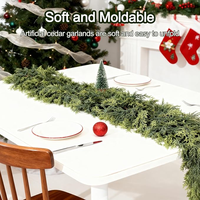 9ft Real Touch Cedar Garland Artificial Realistic Christmas Greenery Pine Garland with 225 Cedar Branches for Mantle, Fireplace, Table, Stairs, Doorframe, Window, Outdoor Indoor Xmas Decor