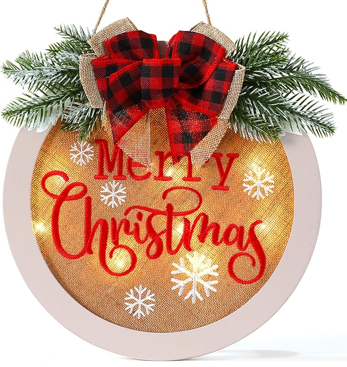 HOMCDALY Merry Christmas Welcome Sign for Front Door, Winter Merry Christmas Wreath with Light, Farmhouse Door Decoration Wooden Hanging Sign, Christmas Decoration (F-Xmas-White)