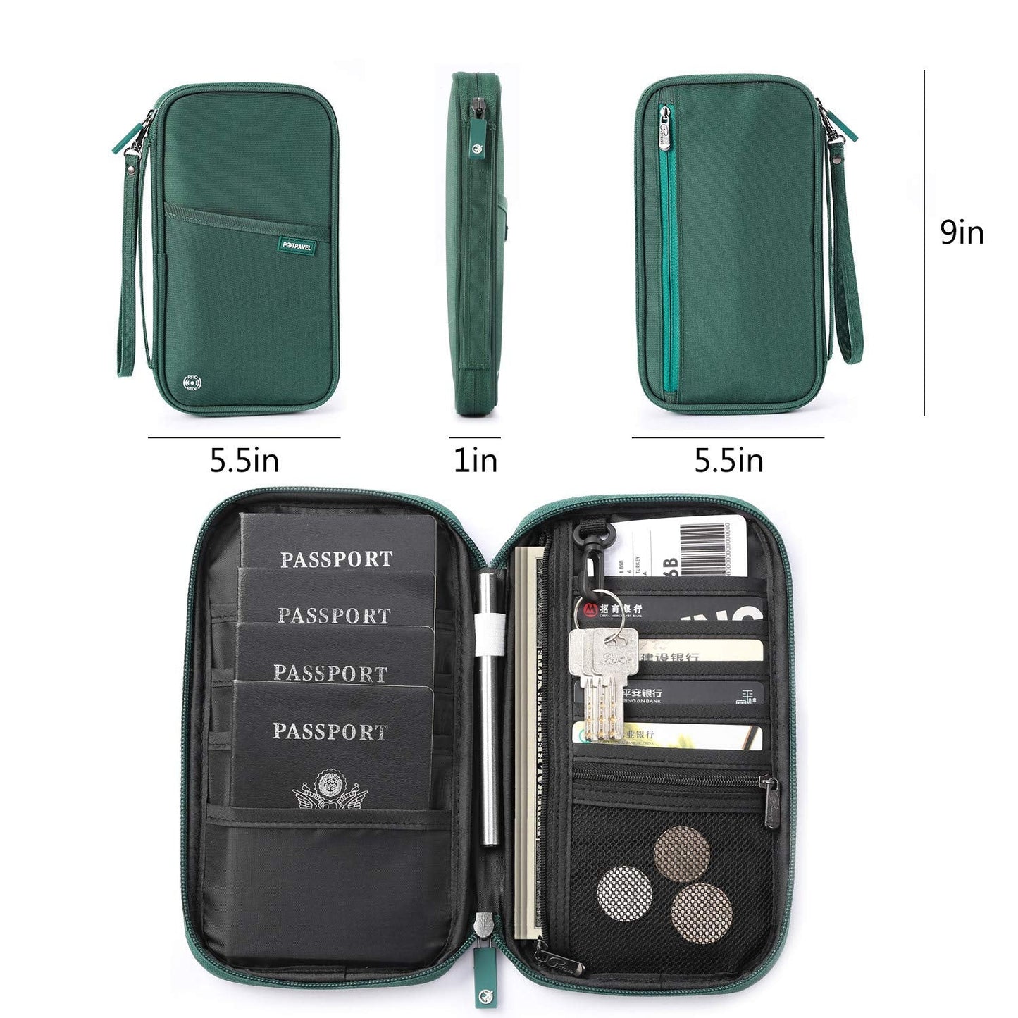 VanFn Travel Wallet Family Passport Holder RFID Blocking Travel Document Organiser Waterproof Holiday Passport Case Men Women for ID Card, Credit Cards, Flight Tickets, Money, Coins (Green)
