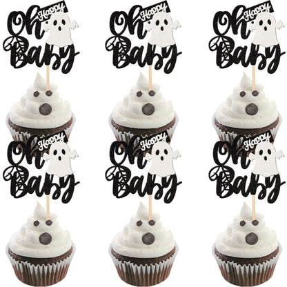24 PCS Halloween Ghost Oh Baby Cupcake Toppers Glitter Spooky Baby Shower Cupcake Picks for Halloween Theme Baby Shower Kids Birthday Party Cake Decorations Supplies