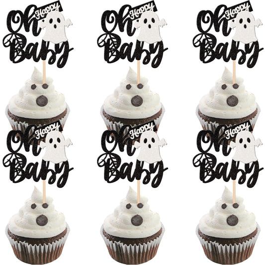 24 PCS Halloween Ghost Oh Baby Cupcake Toppers Glitter Spooky Baby Shower Cupcake Picks for Halloween Theme Baby Shower Kids Birthday Party Cake Decorations Supplies