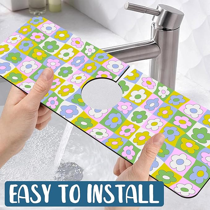 Cute Flowers Kitchen Sink Splash Guard Faucet Mat Retro Floral Super Absorbent