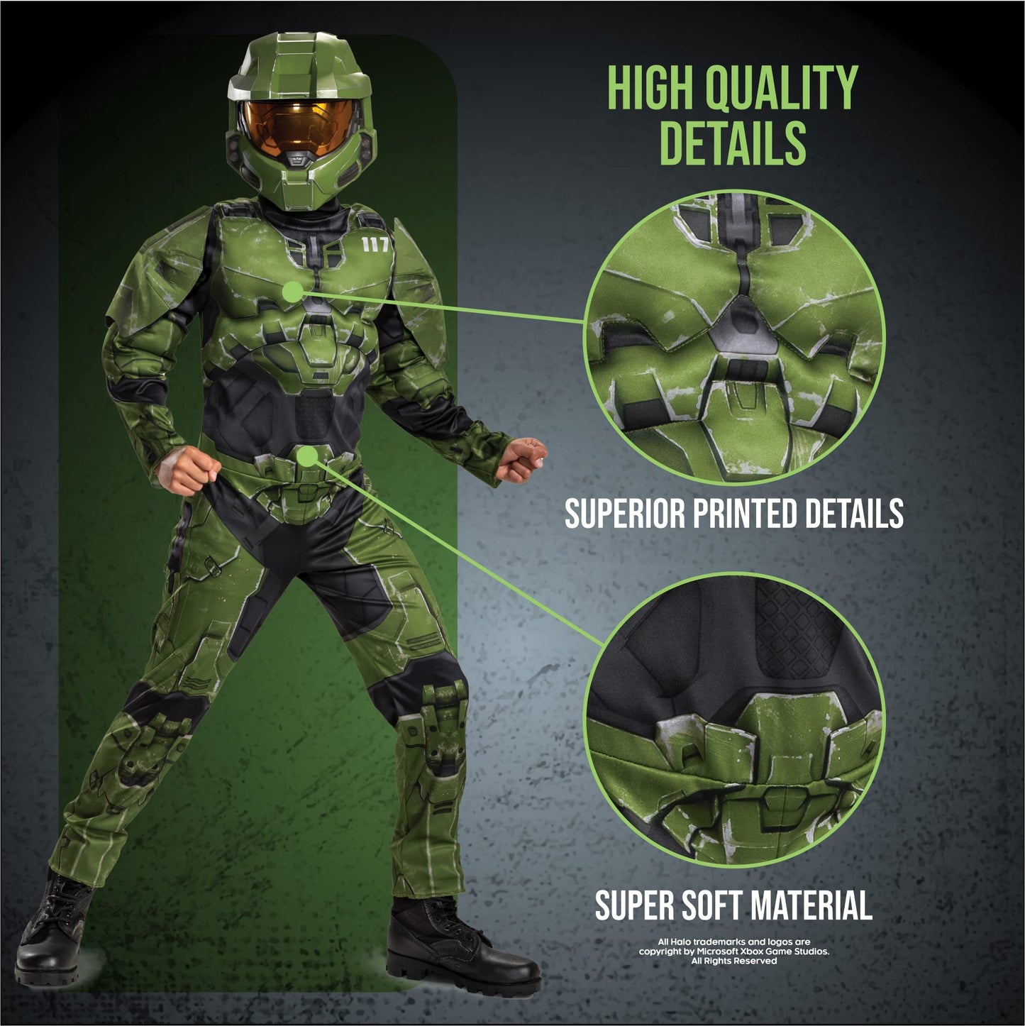 Halo Infinite Master Chief Costume, Kids Size Muscle Padded Video Game Inspired Character Jumpsuit, Child Size Large (10-12), Green & Black