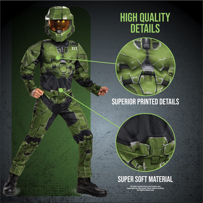 Halo Infinite Master Chief Costume, Kids Size Muscle Padded Video Game Inspired Character Jumpsuit, Child Size Large (10-12), Green & Black