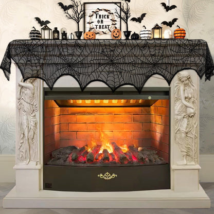 AerWo Halloween Decoration Black Lace Spiderweb Fireplace Mantle Scarf Cover Festive Party Supplies 45 X 243cm 18 x 96 inch