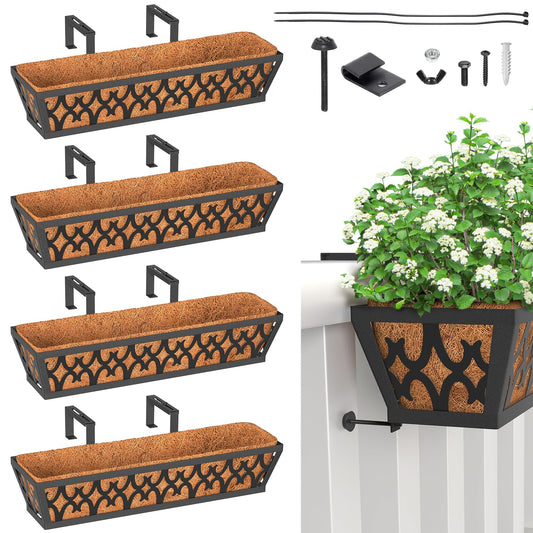 TPHUC 4 Pack Window Box Railing, 24IN Black Metal Hanging Flower Planter Basket with Coco Liner for Outdoor Balcony Porch Fence Patio for Home, Office and Hotel (Black)