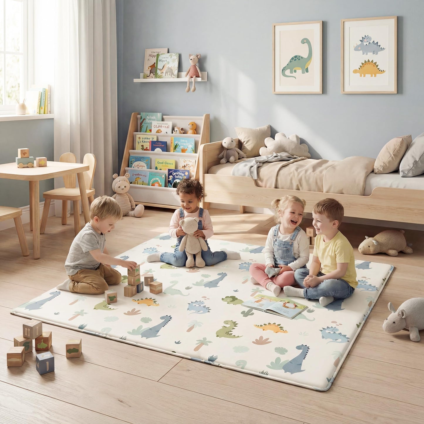 PaPaMat 1.5" Thick Baby Play Mat 50x50 Memory Foam Crawling Mat for Floor, Non-Slip Tummy Time Playmat for Toddlers Infant, Nursery, Dinosaurs