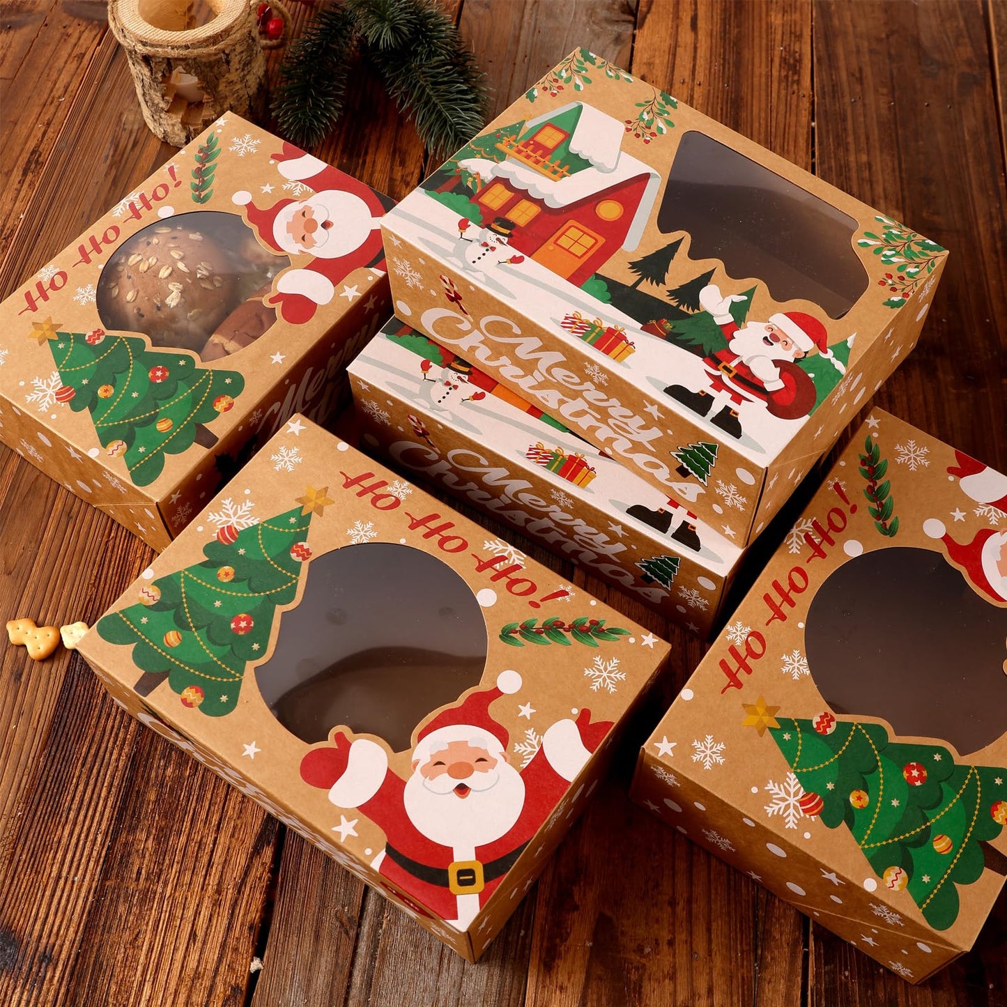 CHOUNYEE 24 Pack Christmas Cookie Boxes - 8.25"x6"x2.75" Brown Kraft Bakery Box with Window for Holiday Treats, Gift Exchange Box for Baked Goods, Cookie Tins with Lids for Gift Giving