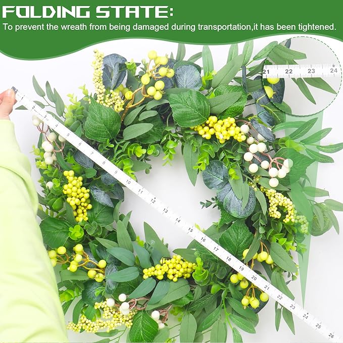 Artificial Green Eucalyptus Wreath for Front Door: 24 Inch Summer Wreaths for Indoor and Outdoor Decor, Large Boxwood Wreath for All Seasons, Spring Greenery Wreaths for Indoor/Outdoor Decorations