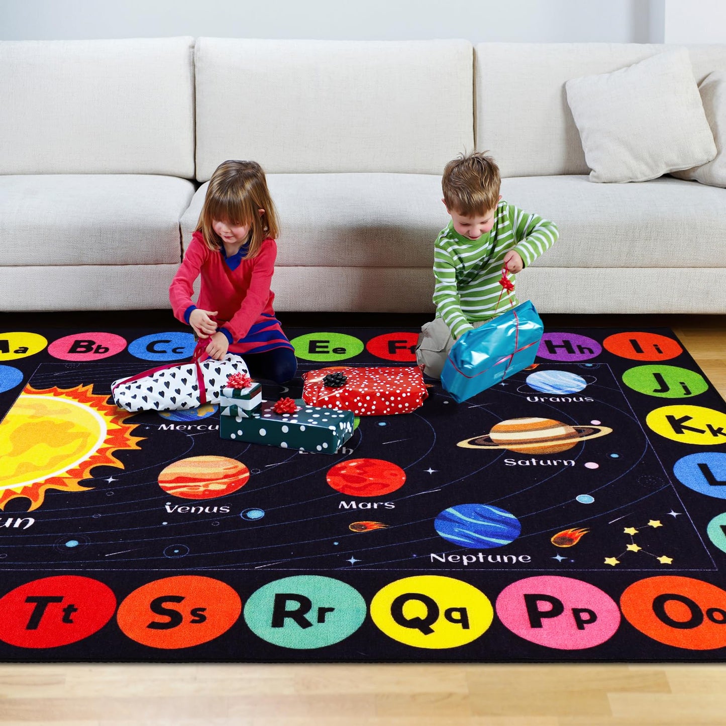 AKASISRUG Outer Space Kids Rug Carpet for Playroom, ABC Educational Learning Area Rug, Non-Slip Solar System Road Play Play Rug for Kids Bedrooms, Classroom, Room Decor (Black, 59X39.4 INCH)