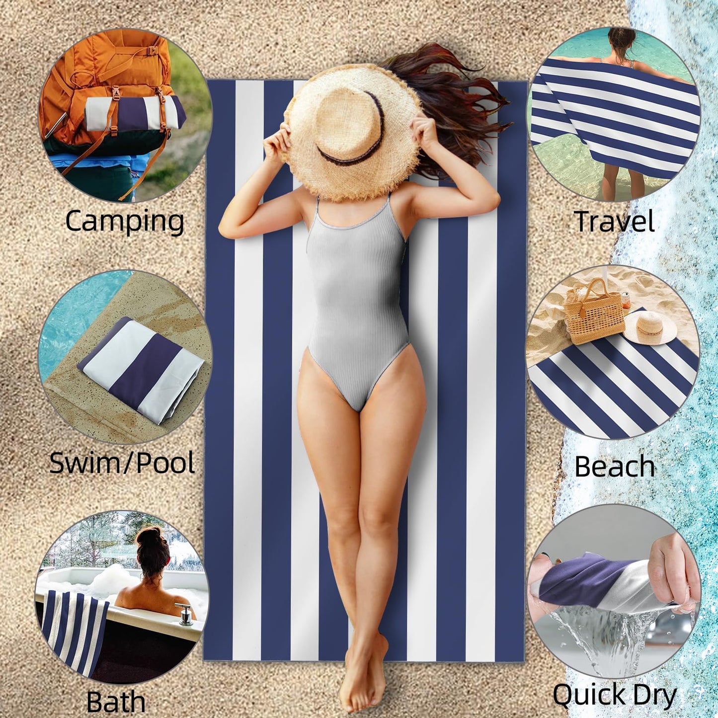 CNMTCCO Large Beach Towel for Adults with Bag - Quick Dry Microfibre - 100% Recycled Towel - Sand Free, Lightweight, Compact (160x90cm, 63x35in) (Blue)