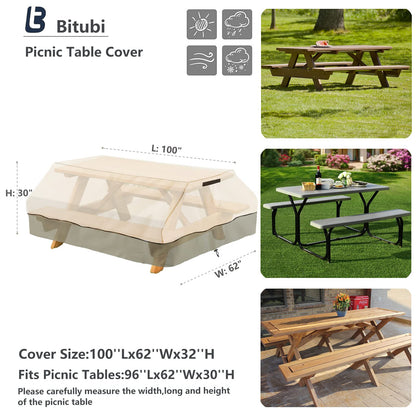 Bitubi 96 Inch Heavy Duty Waterproof Picnic Table Cover - 600D Tough Canvas Wind Dust Proof Anti-UV Outdoor Patio Table Bench Covers Winter