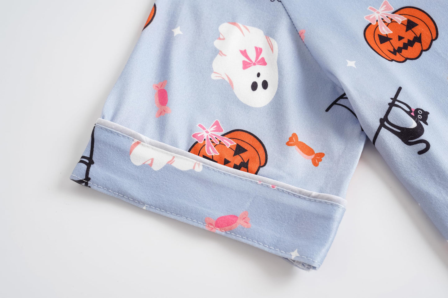 Vopmocld Girls Pajama Sets 3pcs Button Down Short Sleeve Long Pants With Shorts Sleepwear Cute Patterns Nighty For Teens Cute Lounge Sets, Bowknot Ghost, 16