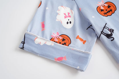Vopmocld Girls Pajama Sets 3pcs Button Down Short Sleeve Long Pants With Shorts Sleepwear Cute Patterns Nighty For Teens Cute Lounge Sets, Bowknot Ghost, 16