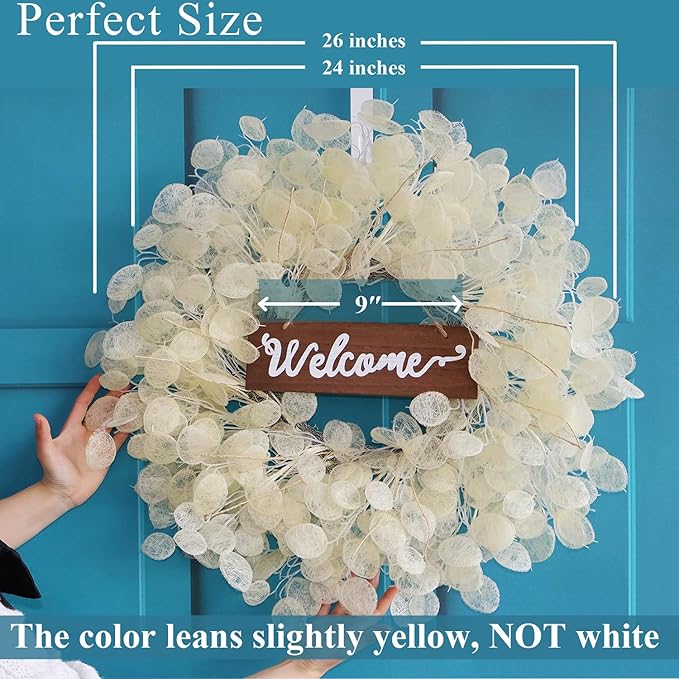 24" Yellow & Cream Fake (Not Real-Looking) Winter Fall Wreaths for Front Door – Boho Year Round Farmhouse Porch Door Decor – Beige Eucalyptus Lunaria Annua Welcome Door Wreath