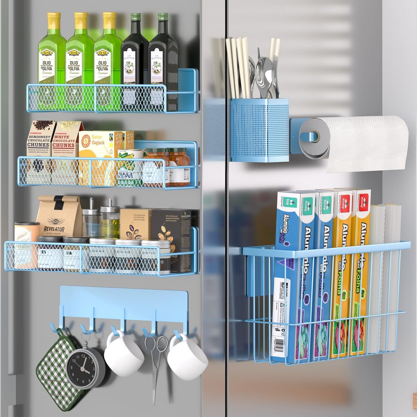 Magnetic Spice Rack for Refrigerator, 6 Pack 100% Metal Strong Magnet Shelf, Space Saving Spice Organizer, Home Kitchen Laundry Room Storage Organization W/ Paper Towel Holder, Utensils Racks (Grey)