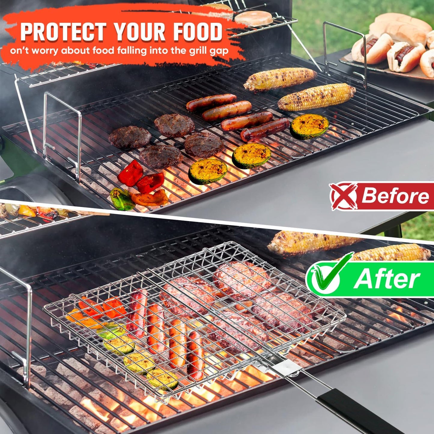 Grill Basket for Outdoor Grill, Stainless Steel Grilling Basket with Foldable Handle, Portable BBQ Cooking Rack for Fish, Vegetables, Shrimp, Chicken - Includes BBQ Skewers 6pcs,Basting Brush,Scrub Sponge-Upgrade