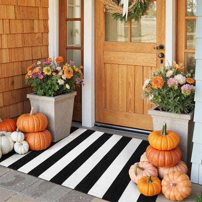 Collive Black and White Outdoor Striped Rug 24"x 51", Cotton Woven Fall Front Porch Rug Decor, Washable Farmhouse Layered Welcome Mat Outdoor for Kitchen Entryway Entrance Halloween