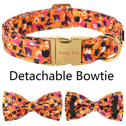 ARING PET Halloween Dog Collar, Cute Orange Festival Dog Collar with Bow, Adjustable Cotton Halloween Pet Collars with Metal Buckle