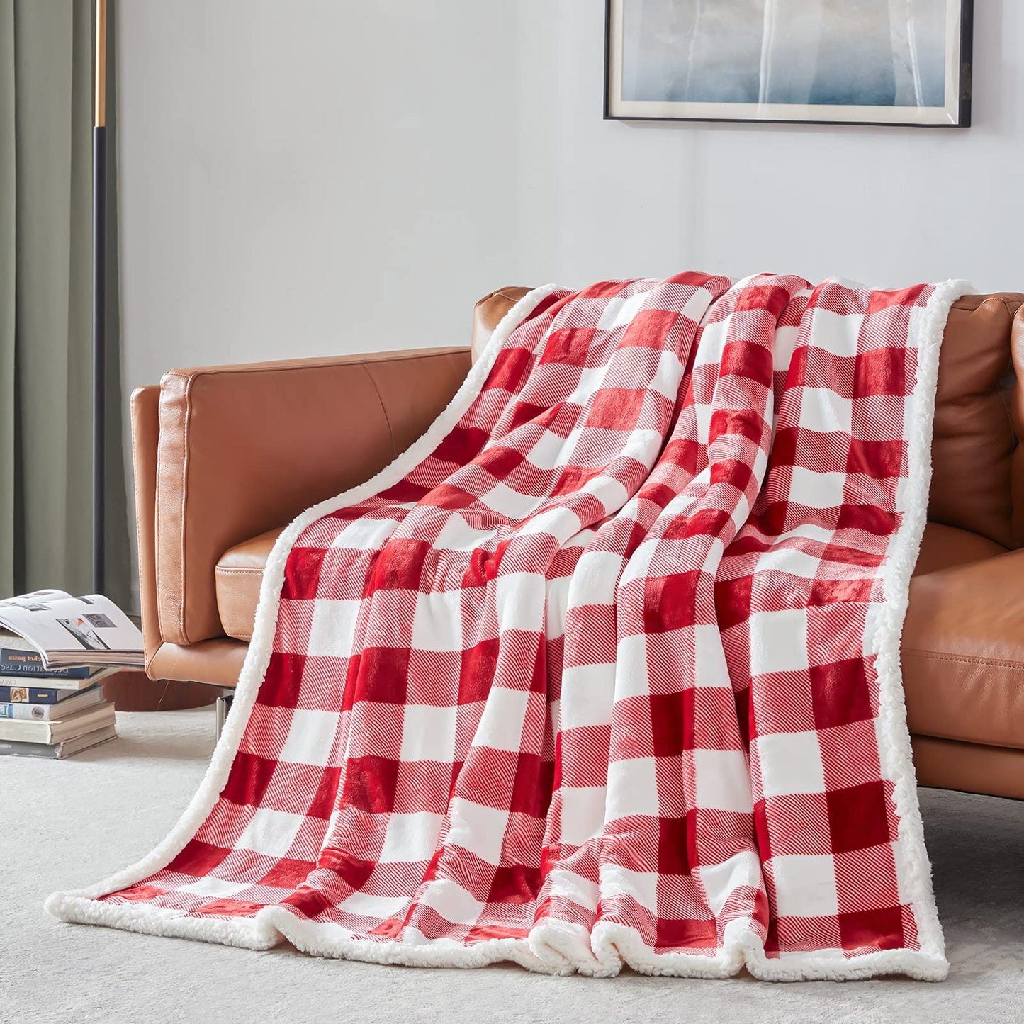 Touchat Sherpa Red and White Buffalo Plaid Christmas Twin Blanket 60" X 70", Fuzzy Fluffy Soft Cozy Blankets, Fleece Flannel Plush Microfiber Throw for Couch Bed Sofa (Red and White)