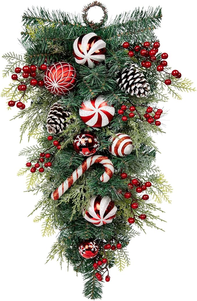 30" Christmas Teardrop Swag for Front Door Artificial Winter Swag Garland with Pine Cones, Berry Clusters, Red Ball Ornaments and Ribbons for Thanksgiving Holiday Christmas Decoration