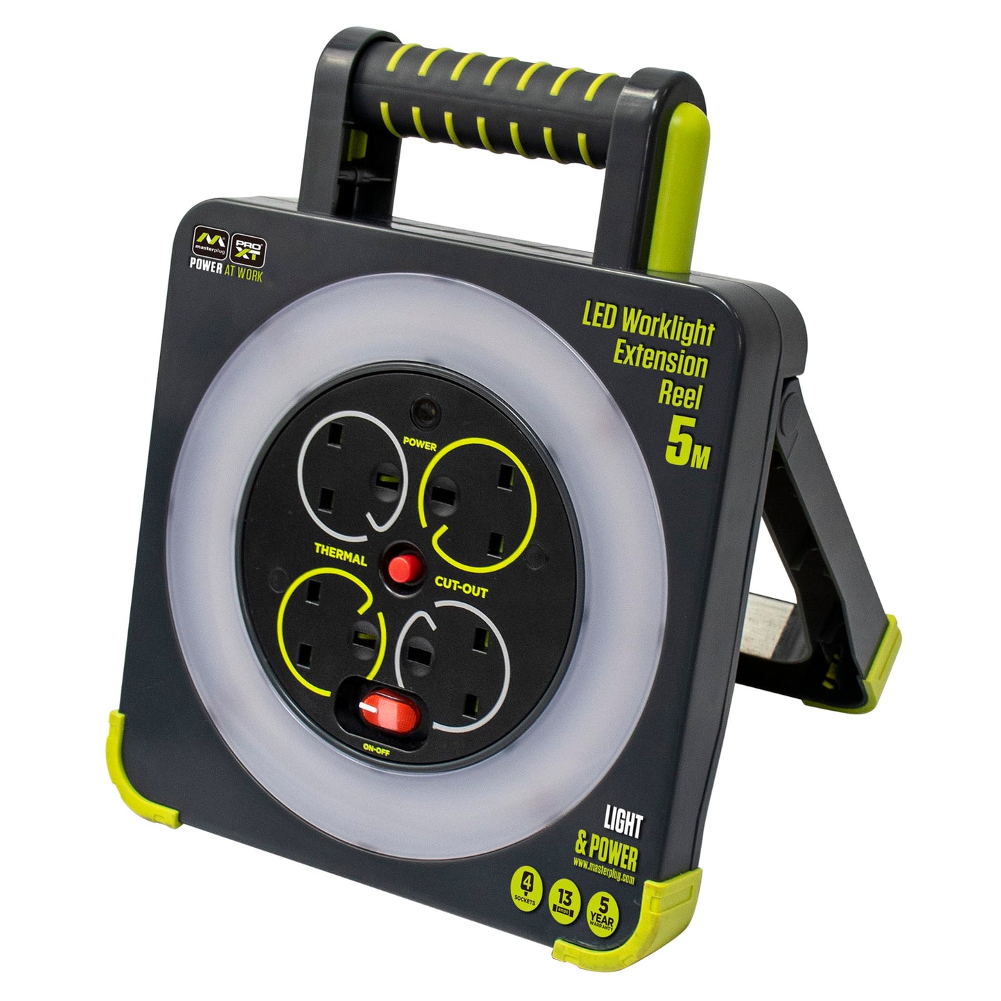 Masterplug WLU05134SL-PX Pro-XT Four Socket LED Work Light Extension Reel with Fold Out Stand, Thermal Cut Out and Power Switch, 5 metre High Visibility Cable, 13 Amp, Grey, 28.35 cm*9.1 cm*22.0 cm
