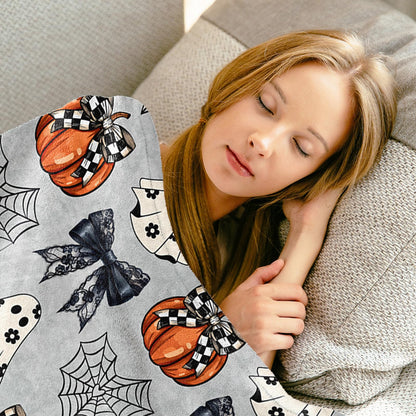 JarThenaAMCS Halloween Flannel Blanket 60 x 50 Inch Ghost Pumpkin Bow Decorative Throw Blanket Soft Gray Blanket for Home Chair Sofa Couch Bed