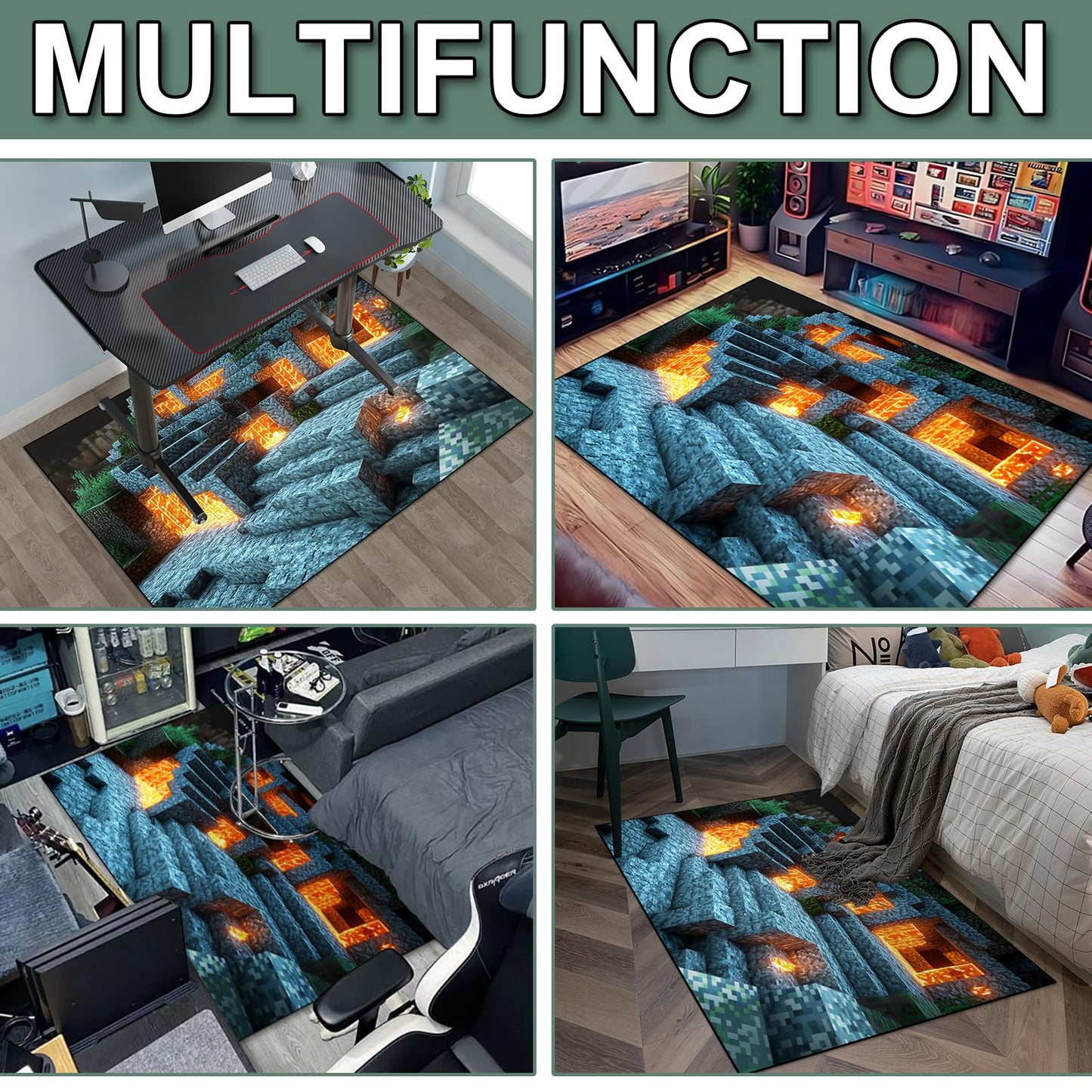 Block Game Rug Teen Kids Carpet, Pixel Games Scene Decoration Mat, Washable Game Rugs for Boy’s Bedroom Living Room Playroom, Non-Slip Children Gaming Area Rugs (Blue Rock Lava, 60" x 40")