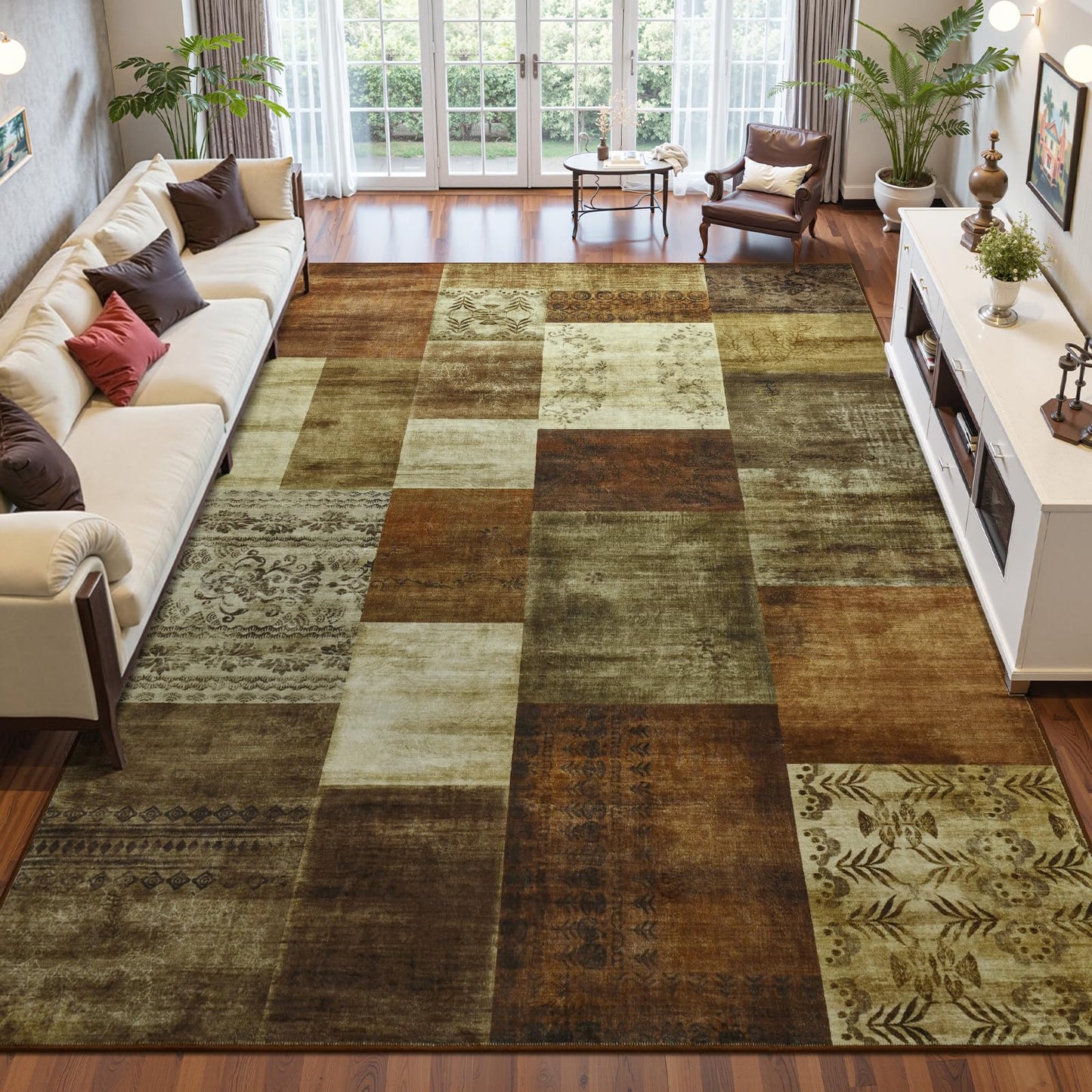 DweIke Washable Area Rugs 6x9 for Living Room, Large Modern Geometric Brown Soft Patchwork Carpet, Non-Slip Stain Resistant Throw Rug for Bedroom Dining Room Office Home Decor