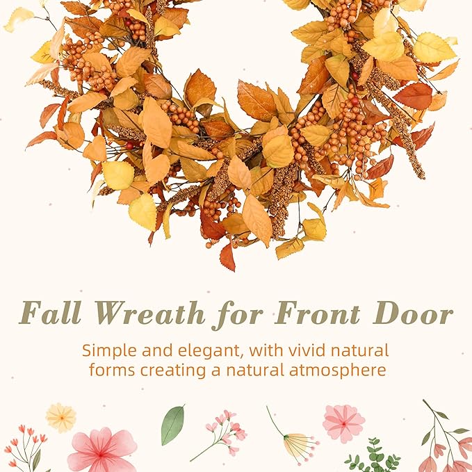 YNYLCHMX 18" Fall Wreaths for Front Door, Artificial Autumn Wreath, Fall Door Wreath with Eucalyptus Leaves and Sorghum for Home Porch Window Wall Farmhouse Decor, Indoor Outdoor, Holiday Decor