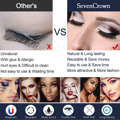 3D Magnetic Eyelashes Natural Look with Eyeliner Kit - 7C SEVENCROWN Magnetic Lashes - Upgraded 4 tubes of Liner - 10 Pairs Reusable False Eyelash Kit with Applicator Easy to Apply.