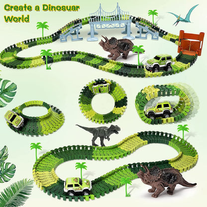 Dinosaur Toys for 3-7+ Year Old Boys Girls, Flexible Tracks Race Car Set, World Road Race Birthday Gift for Kids Aged 3-5