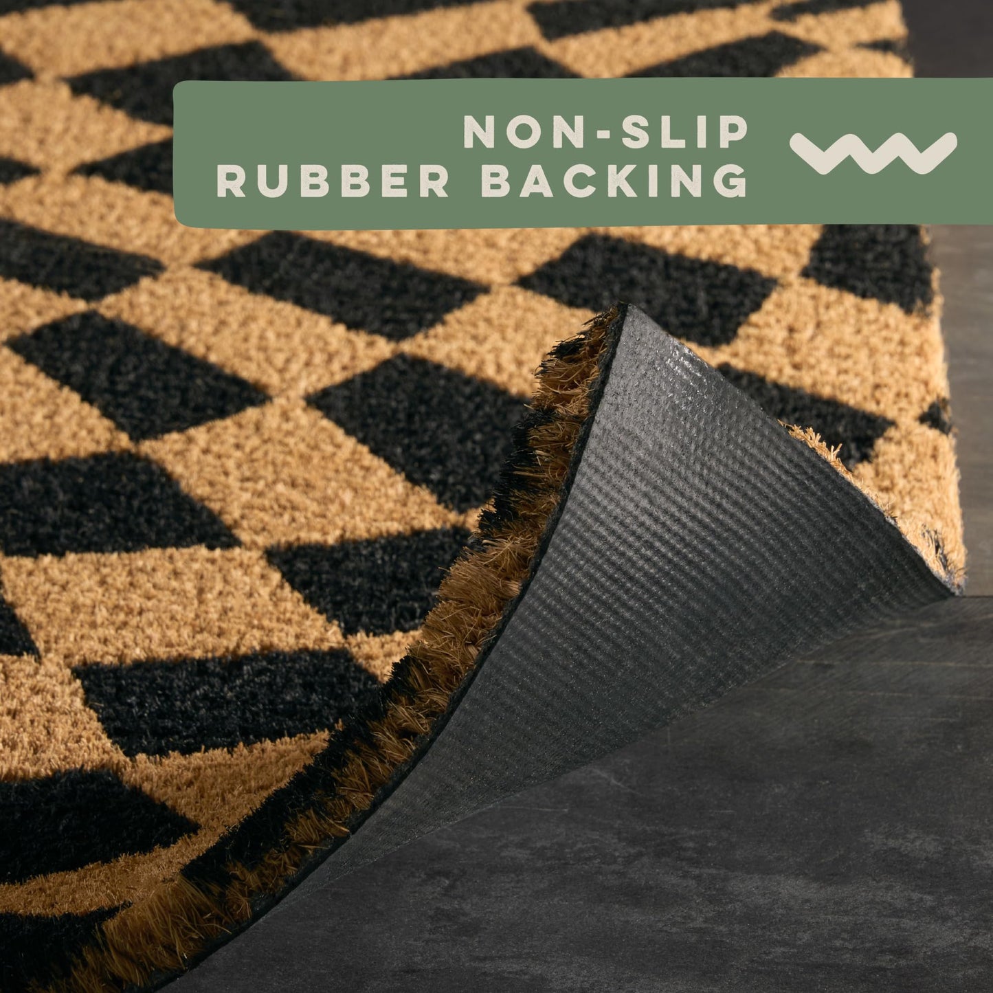 TOWN & COUNTRY TERRA Emmett Groovy Checkerboard Door Mat, Natural Coir, Heavyweight, Non-Slip Entryway Mat, Black, 24"x36"