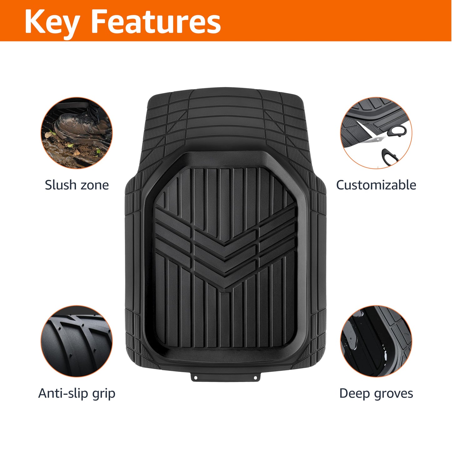 Amazon Basics 3-Piece All-Weather Heavy Duty, Full Set Rubber Floor Mats for Universal Fit in Cars, SUVs, and Trucks, Black, Trim to Customize