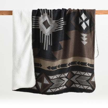 Aztec Patterned Throw Blanket with Soft Sherpa Lining, Traditional Southwestern Navajo with Cross Pattern Warm Throw for Camping, Outdoor, Light Weight Cozy Boho Blanket for Couch, Bed, 60”x80”, Brown