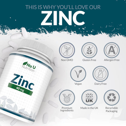 Zinc Tablets 40mg - 365 Vegan Tablets - 1 Year Supply - 1 a Day - Easy to Swallow Zink Gluconate - Supplement for Men & Women - Made in The UK - Nu U Nutrition