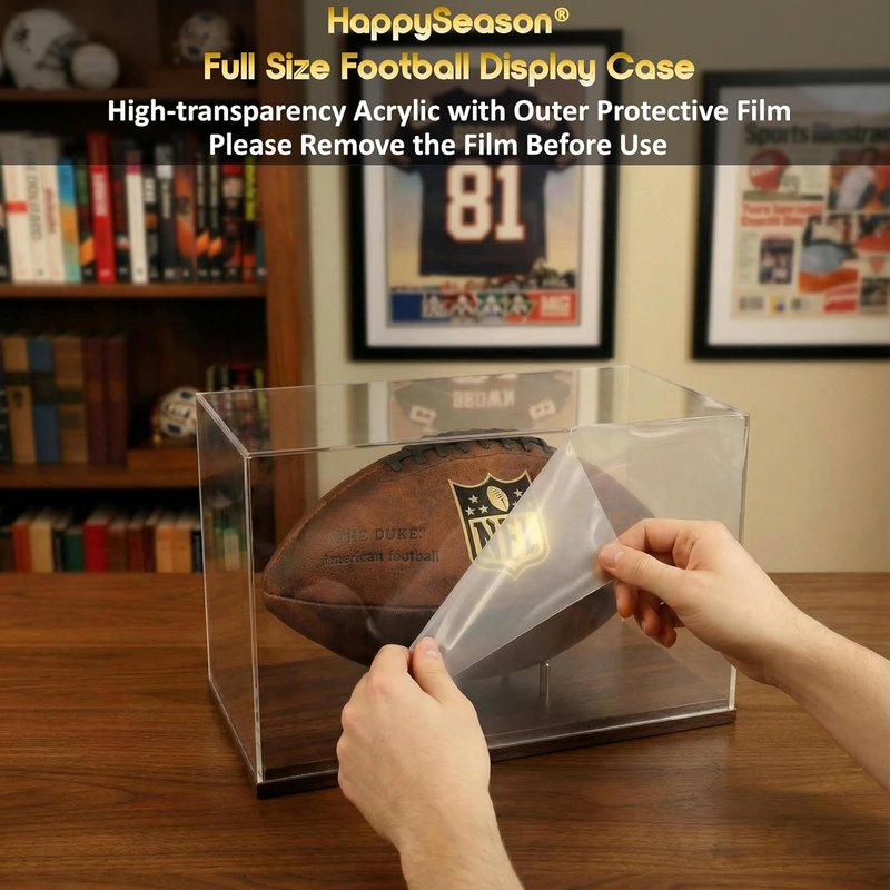 Football Display Case - Clear Acrylic Holder with Walnut Wood Base | Full Size Autograph Stand, No Assembly Required