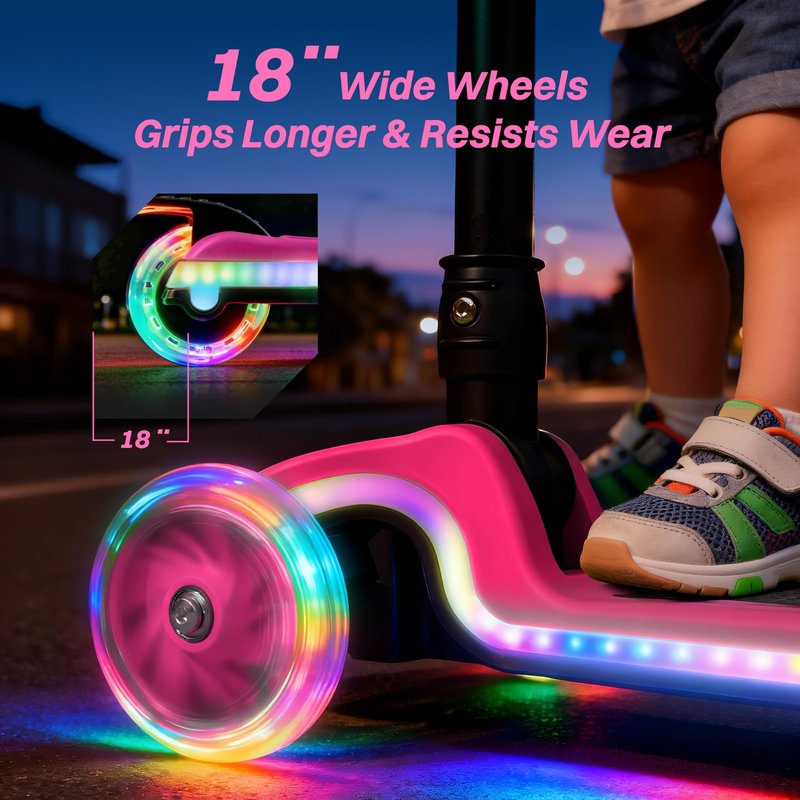 JOVA ZIFFY Kids Scooter for Boys & Girls LED Light-Up Wheels, 4 Adjustable Height Handlebars, and Lean-to-Steer Design with Anti-Slip Wide Surface for Stability - Up to 110LBS(Red)