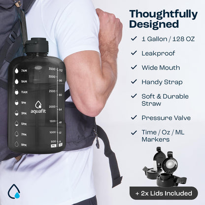 AQUAFIT 1 Gallon Water Bottle with Time Marker - Straw & Chug Lid - BPA Free Gym Water Bottle with Straw - Big Gallon Jug (Gray, 128 oz - 2 Lids)