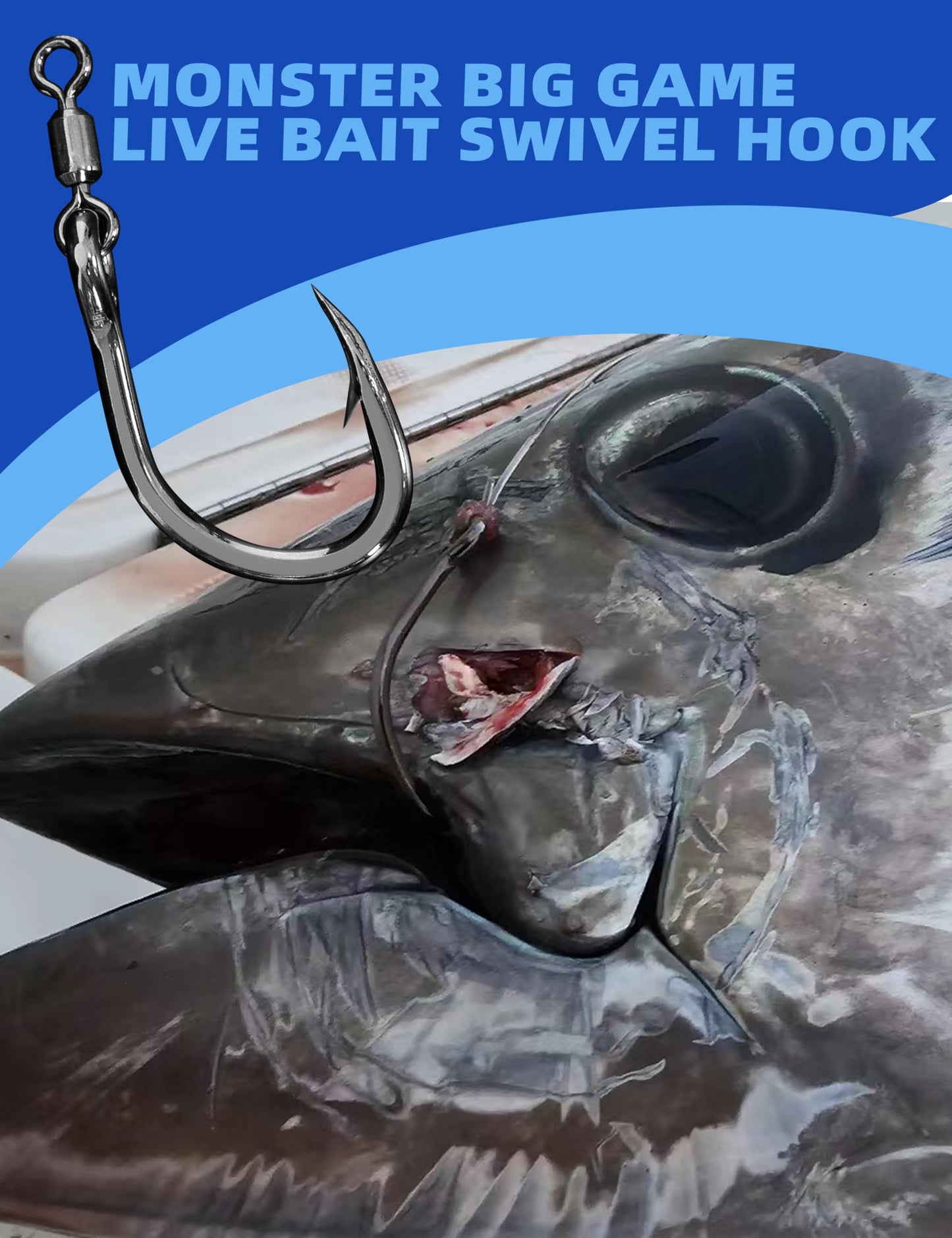 BLUEWING Monster Big Game Live Bait Swivel Hooks High Carbon Steel Fish Ringed Hooks with Stainless Steel Swivel Cutting Point Extra Sharp for Saltwater Fishing 6/0-5pcs