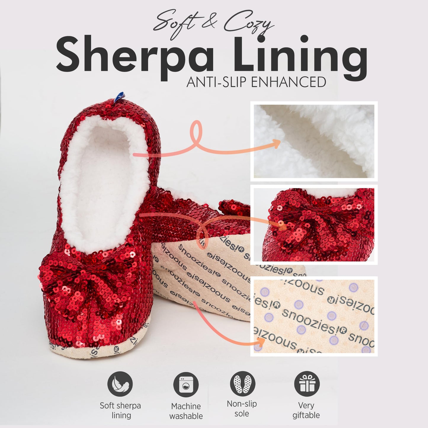 Snoozies Ballerina Bling Metallic Shine Slippers | Sequin House Shoes for Women | Slipper Socks with Grippers | Cute Indoor Footwear (Red, Large)