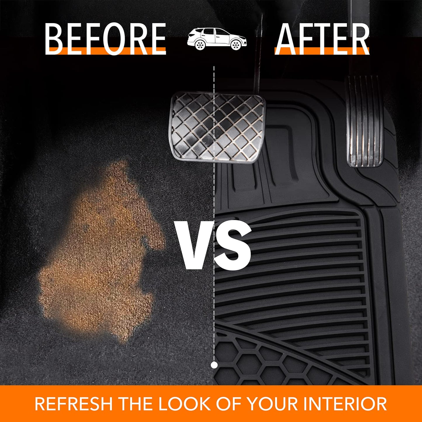 Amazon Basics Heavy Duty Car Floor Mat, PVC Faux Rubber, with Carpet Backing, Universal Deluxe All-Weather Trim to Fit for 95% Automotive SUV Sedans Trucks, 4-Piece, Solid Black