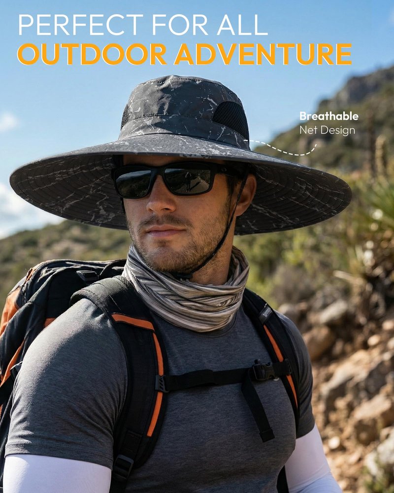 Mens Sun Hat Super Wide Brim Waterproof Breathable Bucket Hats for Men Fishing, Hiking, Camping Sun Hats for Men Black Ink