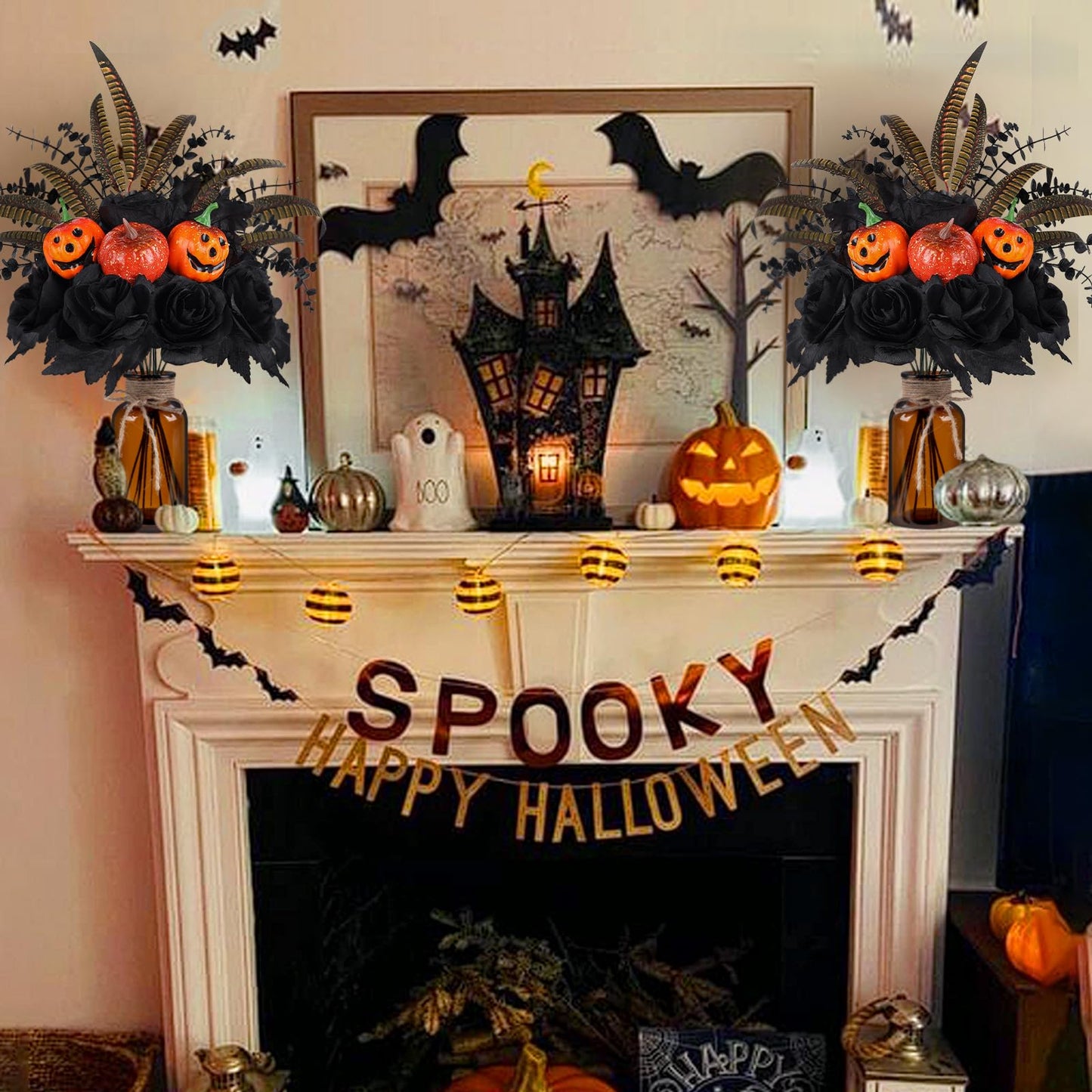 Bessol Halloween Artificial Flowers Decorations,Fake Black Roses Eucalyptus Pumpkins with Vase Arrangements Halloween Table Centerpiece for Kitchen Dining Living Room Home Indoor Decor