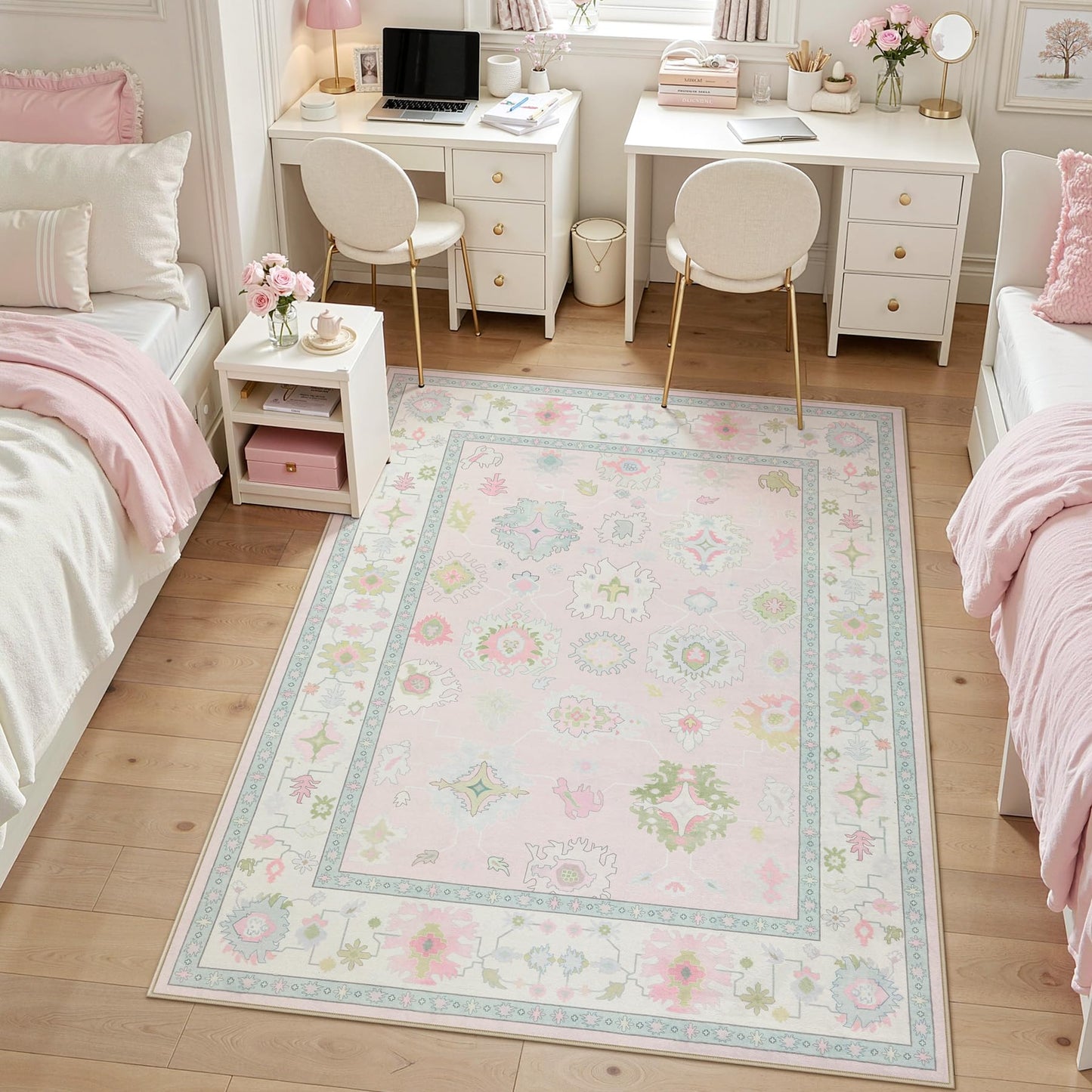 Tribesigns Boho Oushak 5x7 Washable Area Rug for Girls Bedroom, Soft Pastel Pink Nursery Rug Living Room, Oriental Floral Non-Slip Ultra Thin Indoor Carpet for Dorm Kids Playroom