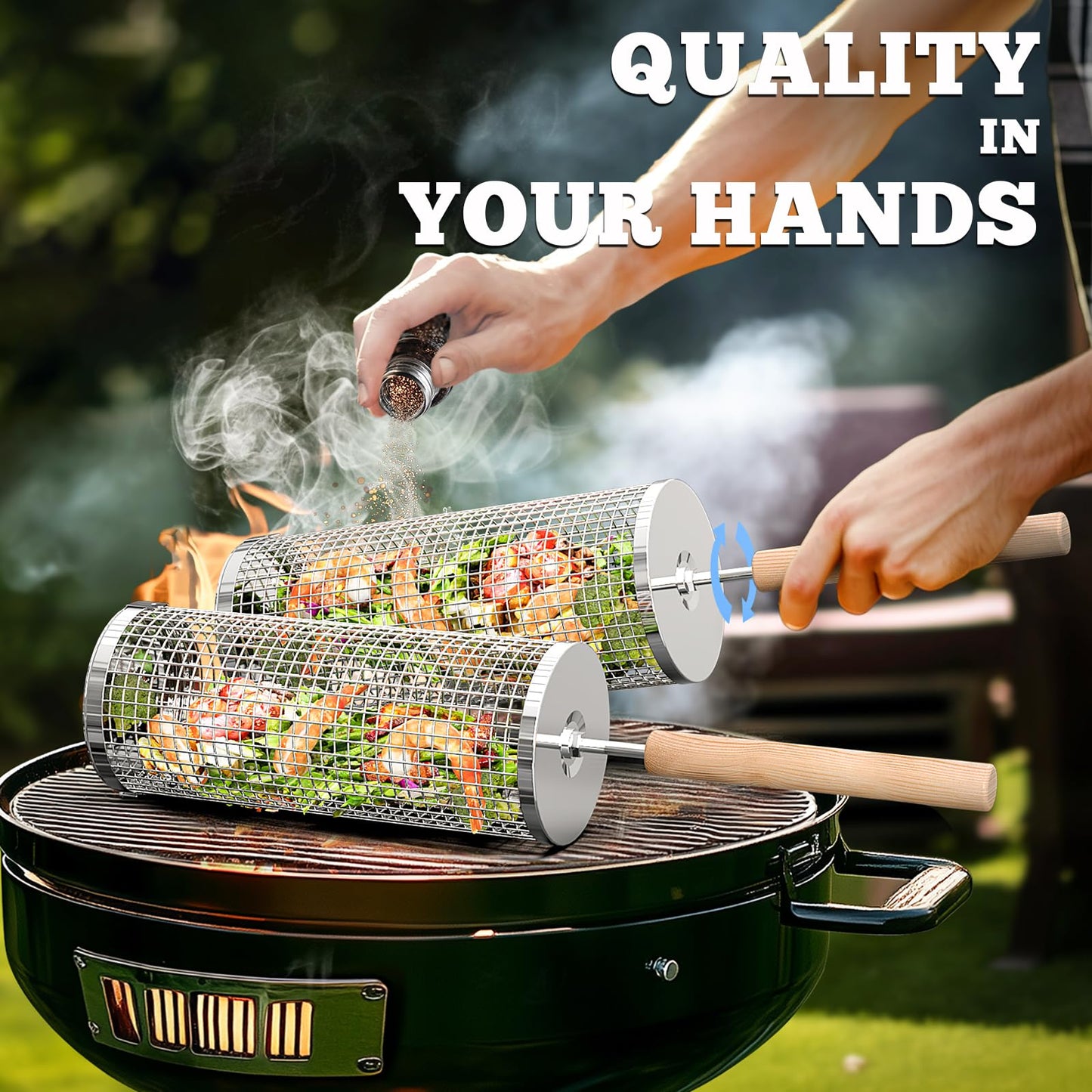 Rolling Grill Basket, Removable Wooden Handle, 304 Stainless Steel, Nesting Grilling Net, BBQ Accessories Tools for Vegetables Shrimp, Outdoor Cooking Camping, Birthday Gifts for Men Dad Husband