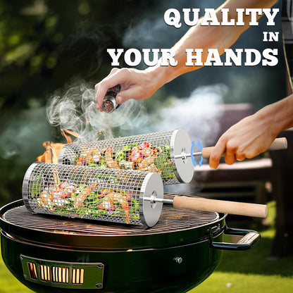 Rolling Grill Basket, Removable Wooden Handle, 304 Stainless Steel, Nesting Grilling Net, BBQ Accessories Tools for Vegetables Shrimp, Outdoor Cooking Camping, Birthday Gifts for Men Dad Husband