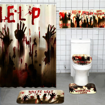 FuWeave 8 Pcs Halloween Help Me Shower Curtain Set for Bathroom Include Scary Ghost Shadow Bloody Hands Shower Curtain Towels Non Slip Rugs Toilet Lid Cover Bath Mat and 12 Hooks for Bathroom Decor