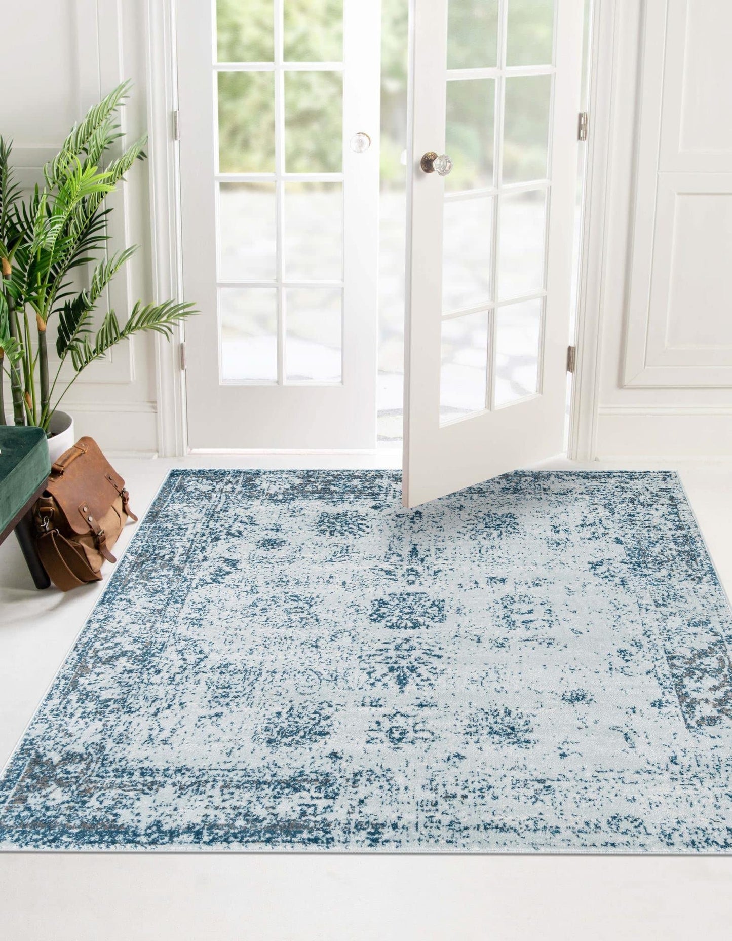 Rugs.com - Monte Carlo Rug – 8 Ft Square Light Blue Easy-Clean Rug – Distressed Medallion for Living Rooms, Bedrooms, and Dining Rooms