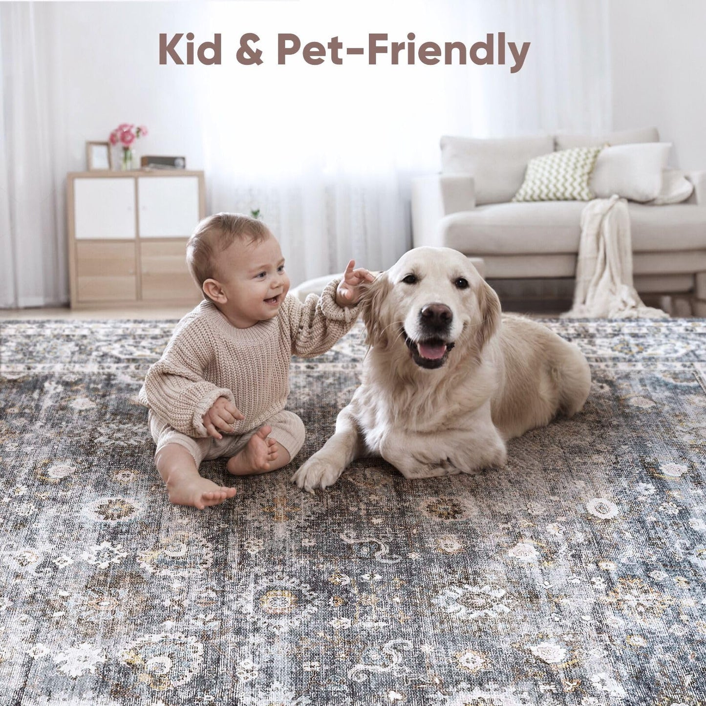 Rugcomf Round Rug 4ft Washable Circle Rug Non Slip Low Pile Boho Small Circular Rug for Bedroom, Bathroom, Entryway, Kids Room, Office, College Dorm(Grey)